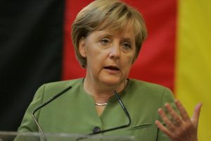 Gerrman Chancellor Angela Merkel gives a